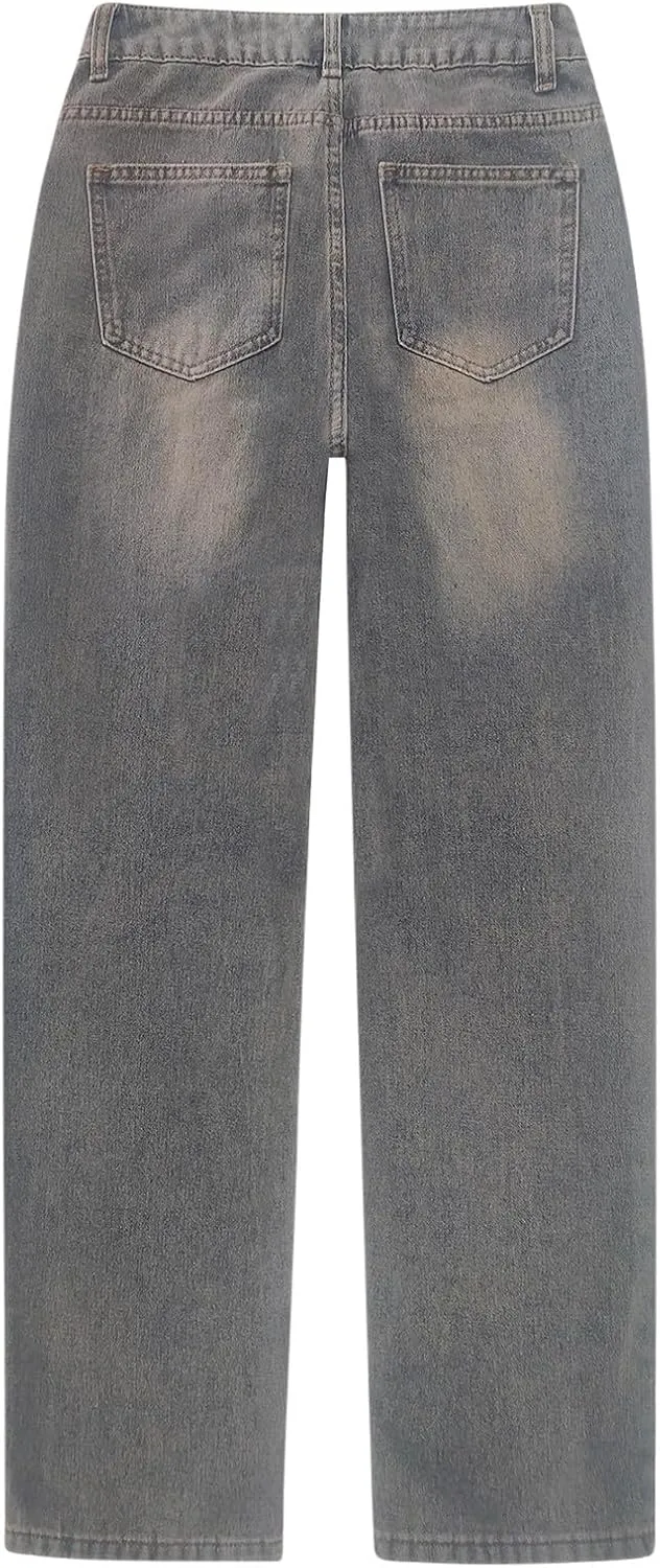Stretch Jeans for Women Retro Straight Wide Leg Elastic High Waisted Trousers Loose Casual Denim Pants with Pockets