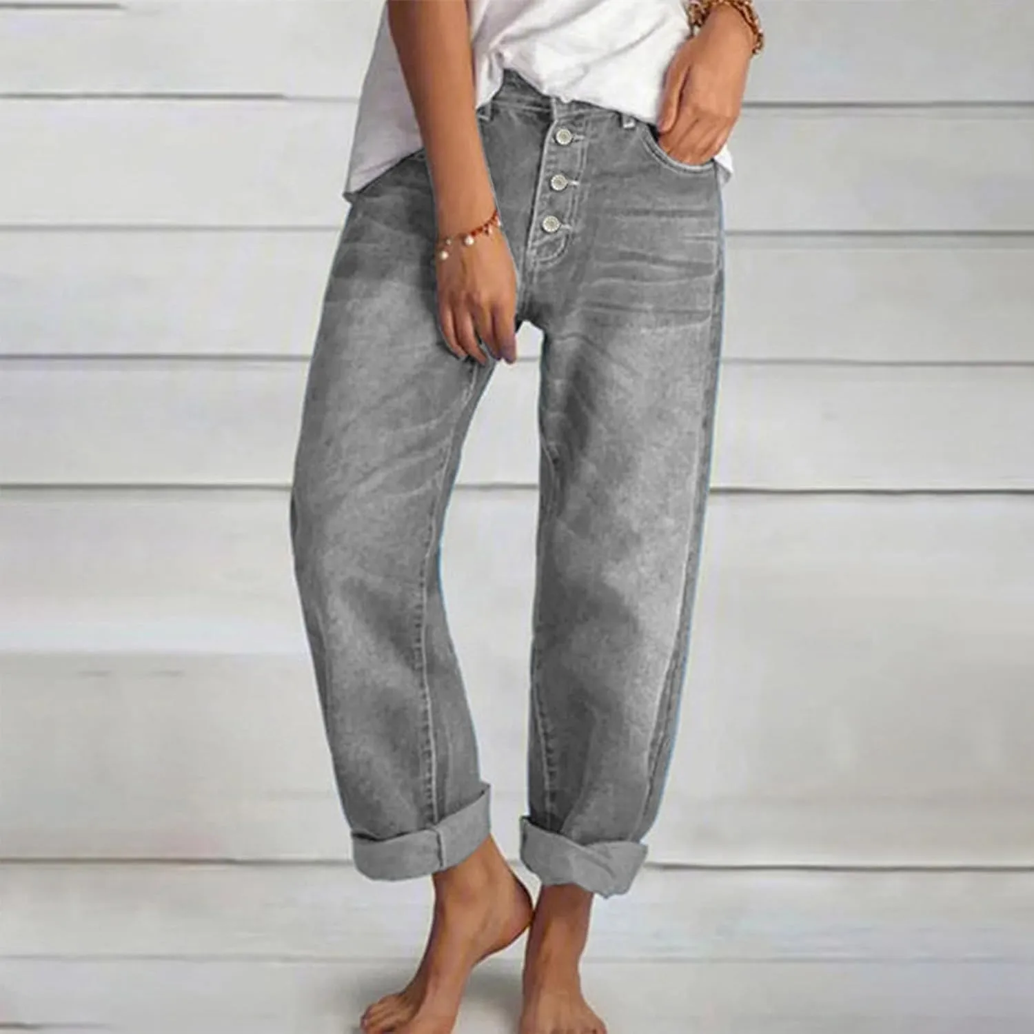 Stretch Jeans for Women Retro Straight Wide Leg Elastic High Waisted Trousers Loose Casual Denim Pants with Pockets