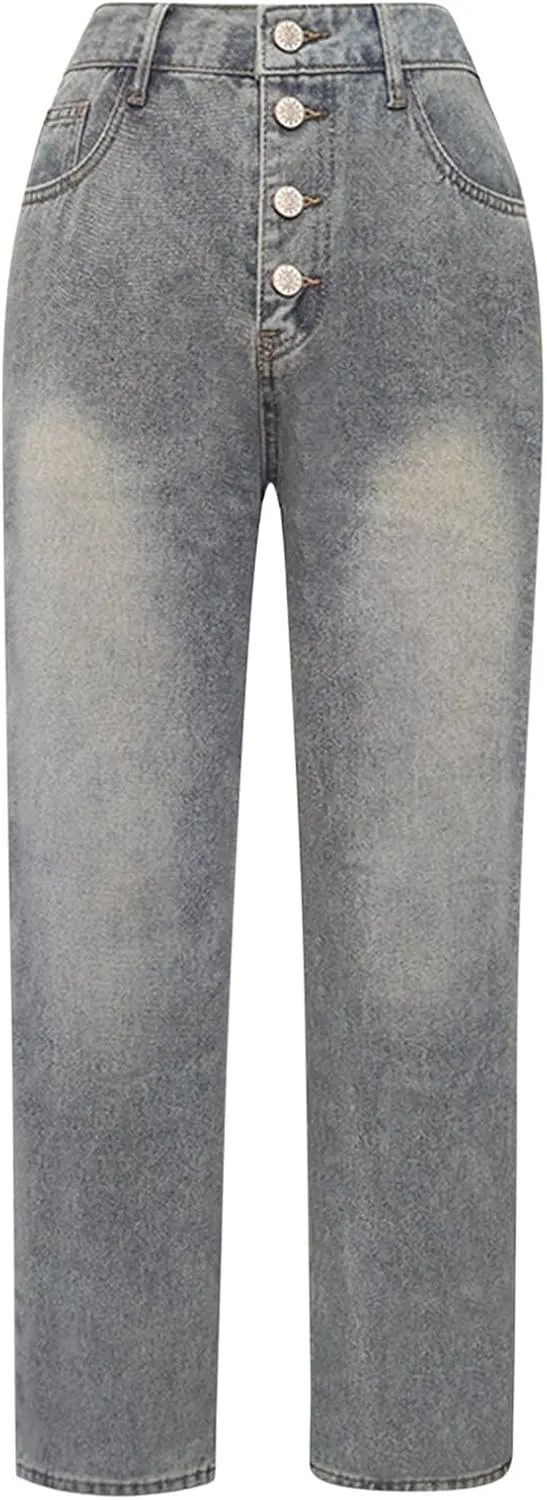 Stretch Jeans for Women Retro Straight Wide Leg Elastic High Waisted Trousers Loose Casual Denim Pants with Pockets