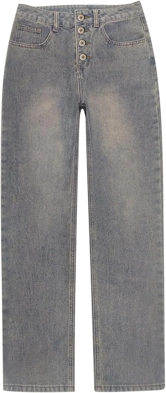Stretch Jeans for Women Retro Straight Wide Leg Elastic High Waisted Trousers Loose Casual Denim Pants with Pockets
