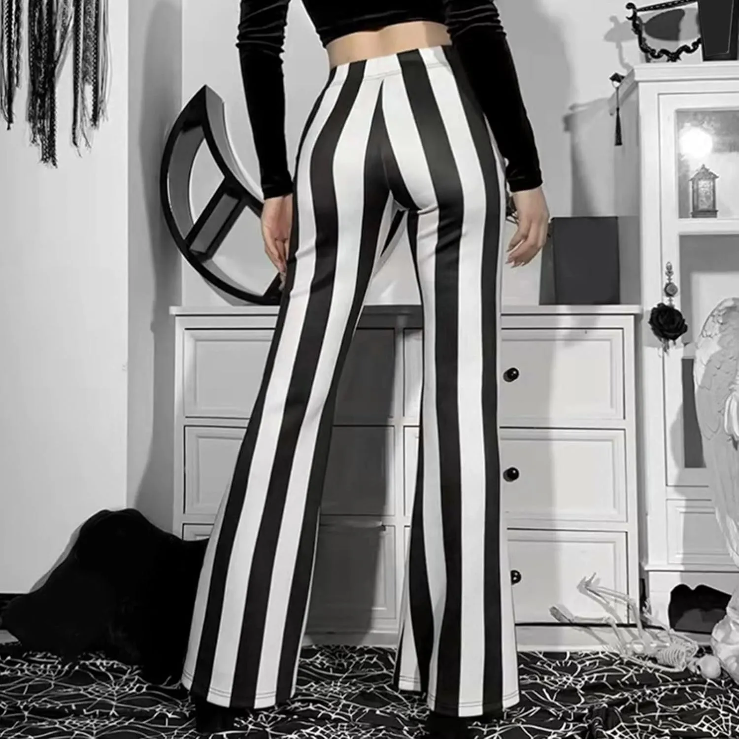 Stripe Vertical Bell High Flare Waist Women Long Pants Bottoms Trousers Stretch Plus Size Pants 7 Day Pants