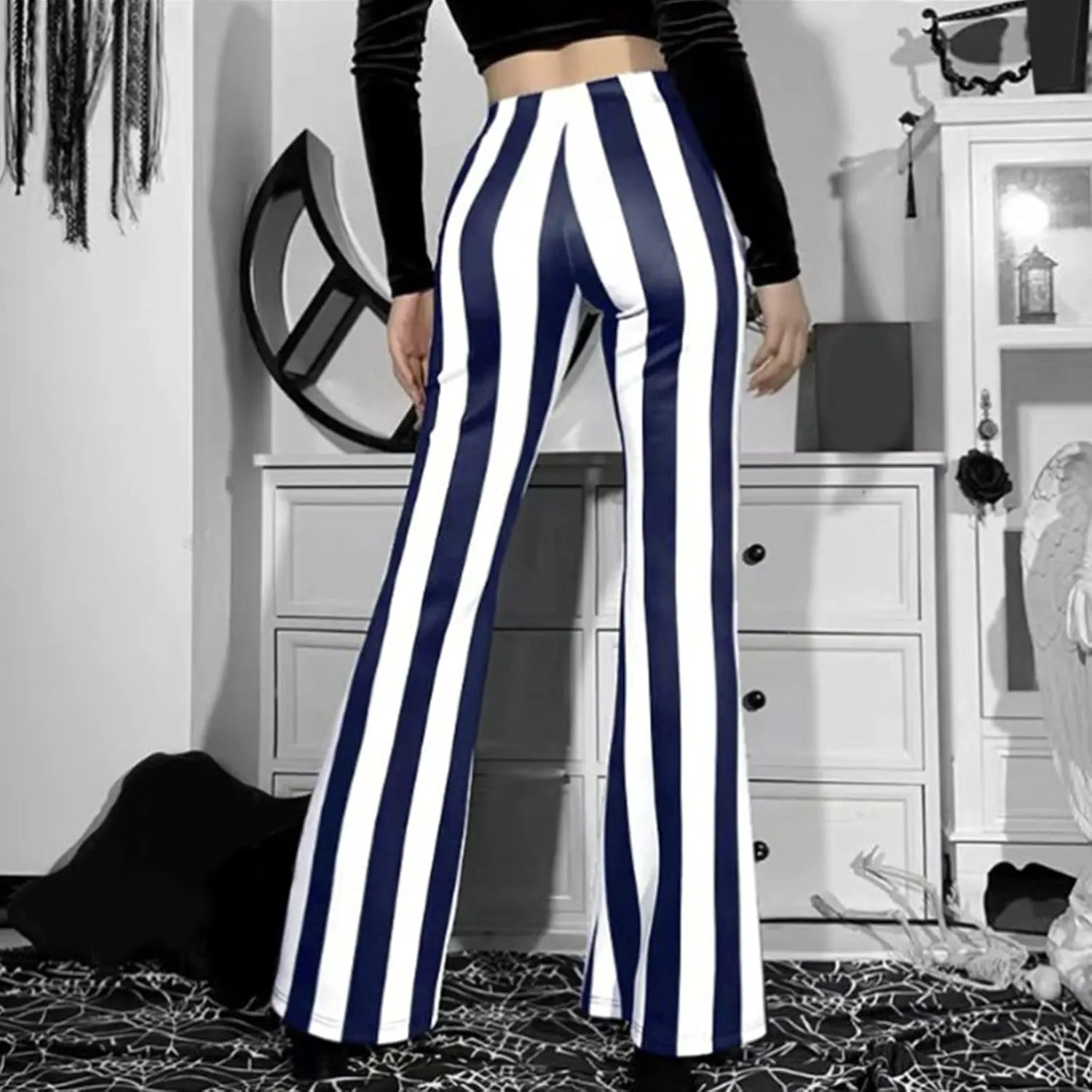 Stripe Vertical Bell High Flare Waist Women Long Pants Bottoms Trousers Stretch Plus Size Pants 7 Day Pants