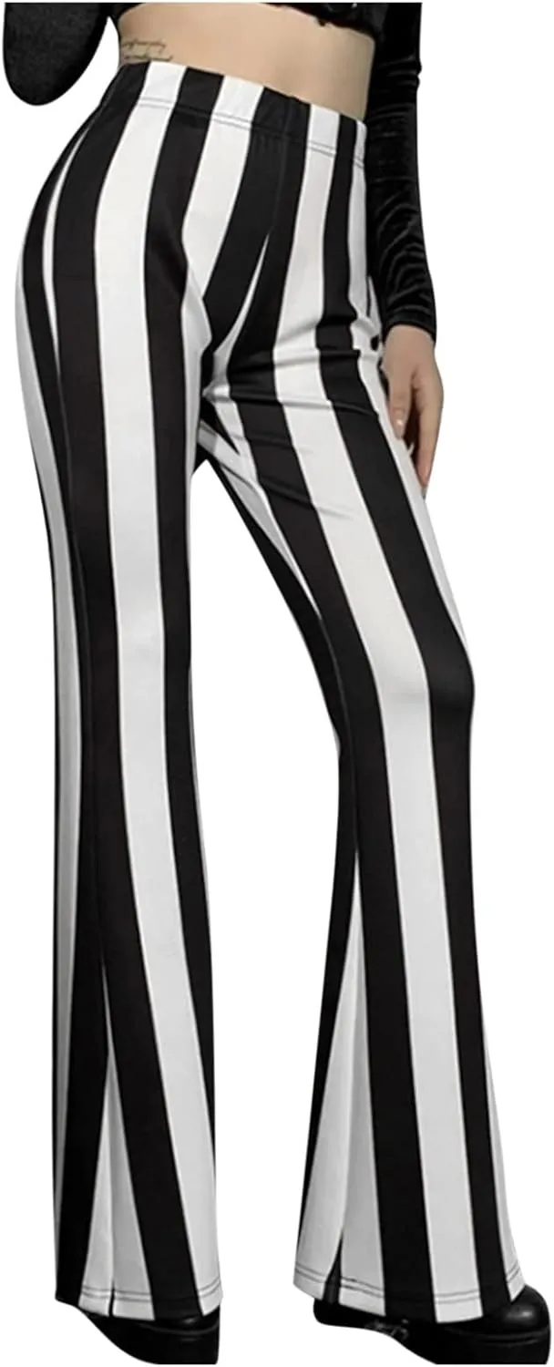Stripe Vertical Bell High Flare Waist Women Long Pants Bottoms Trousers Stretch Plus Size Pants 7 Day Pants