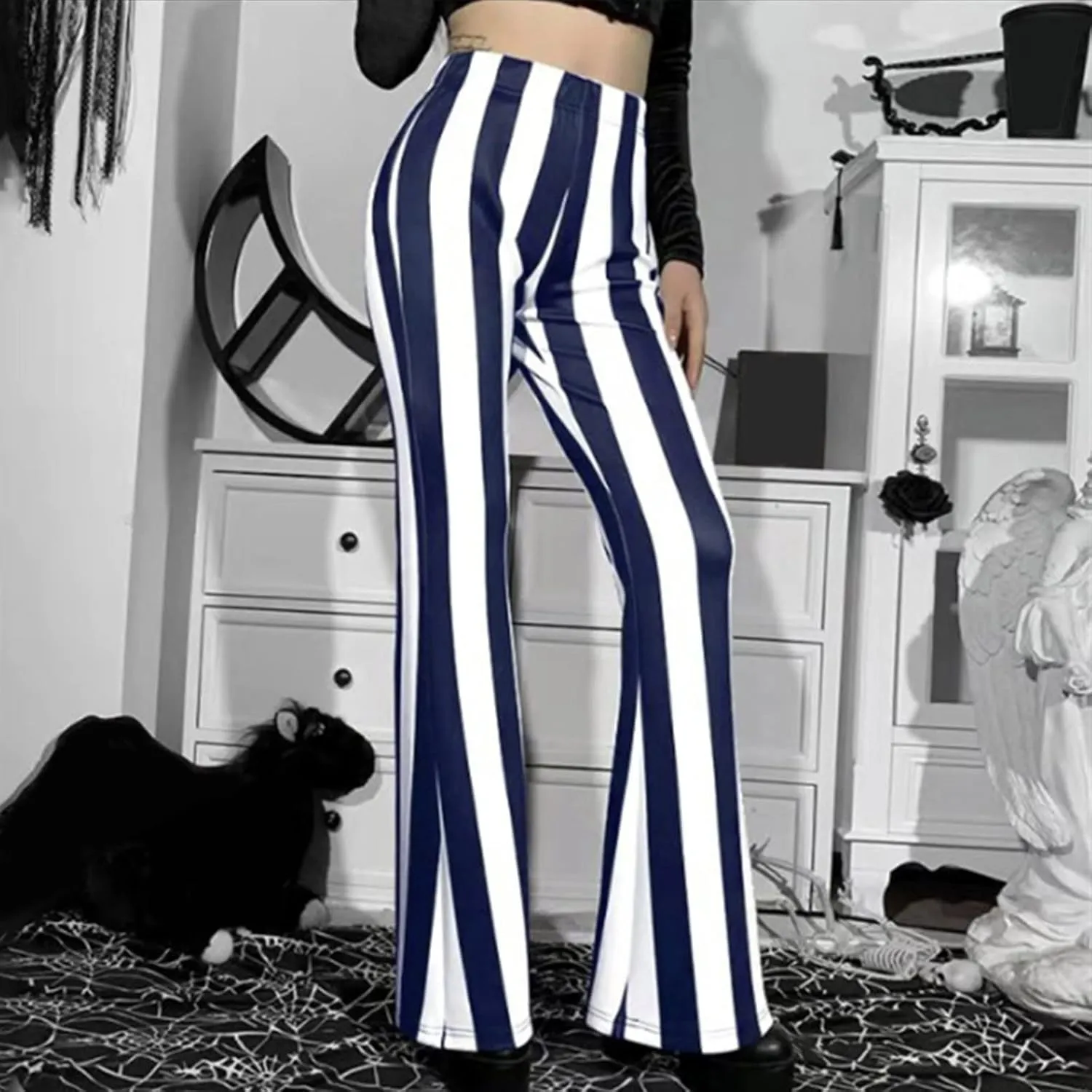 Stripe Vertical Bell High Flare Waist Women Long Pants Bottoms Trousers Stretch Plus Size Pants 7 Day Pants