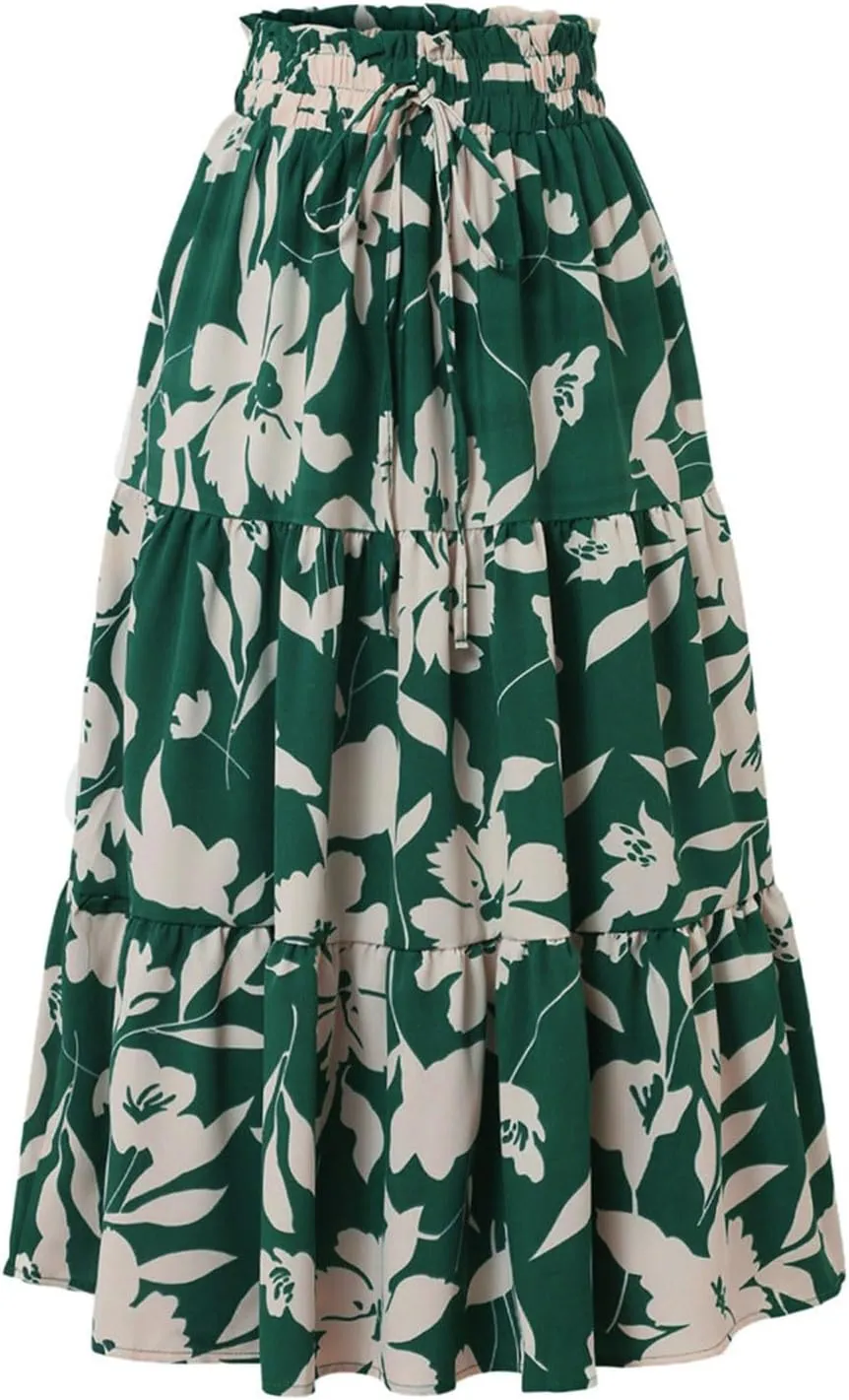 Summer Boho Floral Print Casual Skirt for Women, Fashion Drawstring Ruched Tiered Midi Skirts Elastic Comfy Flowy Clothes