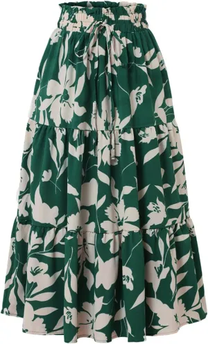 Summer Boho Floral Print Casual Skirt for Women, Fashion Drawstring Ruched Tiered Midi Skirts Elastic Comfy Flowy Clothes