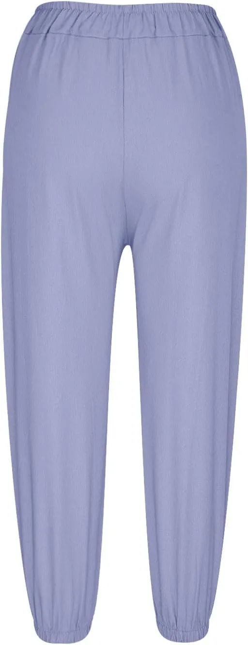 Summer Casual Pants for Women Elastic Waist Cotton Linen Trousers Lightweight Breathable Comfortable Lounge Wear