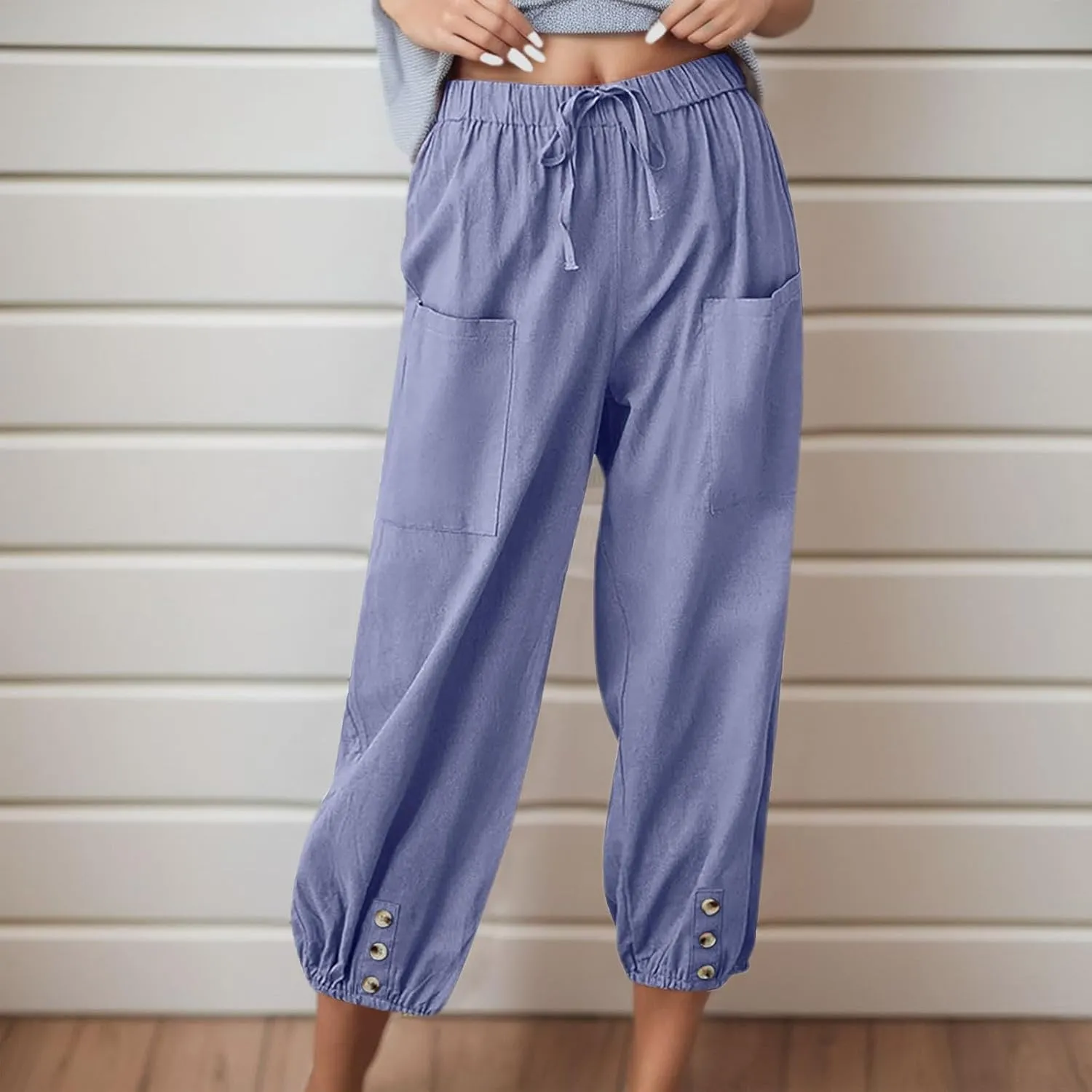 Summer Casual Pants for Women Elastic Waist Cotton Linen Trousers Lightweight Breathable Comfortable Lounge Wear