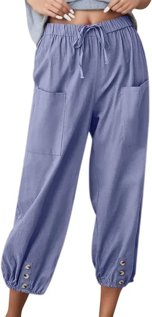 Summer Casual Pants for Women Elastic Waist Cotton Linen Trousers Lightweight Breathable Comfortable Lounge Wear