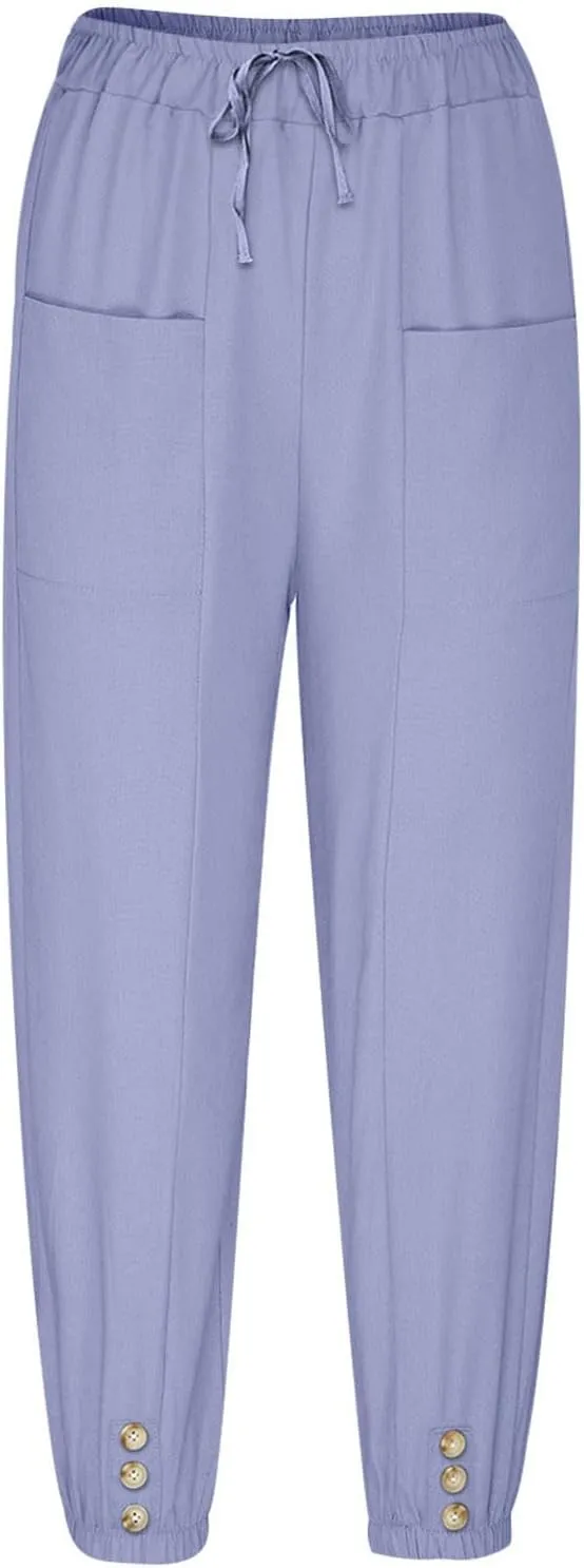 Summer Casual Pants for Women Elastic Waist Cotton Linen Trousers Lightweight Breathable Comfortable Lounge Wear