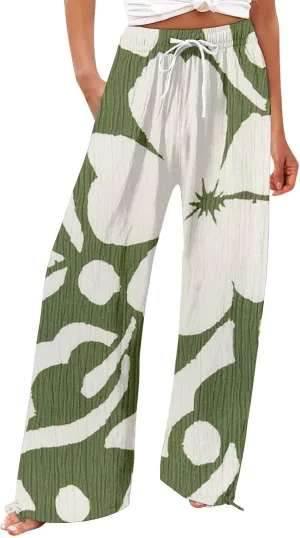 Summer Drawstring Casual Lounge Pant Cotton and Linen Wide Leg Pants Flowy Wide Leg Beach Pants with Pockets Women