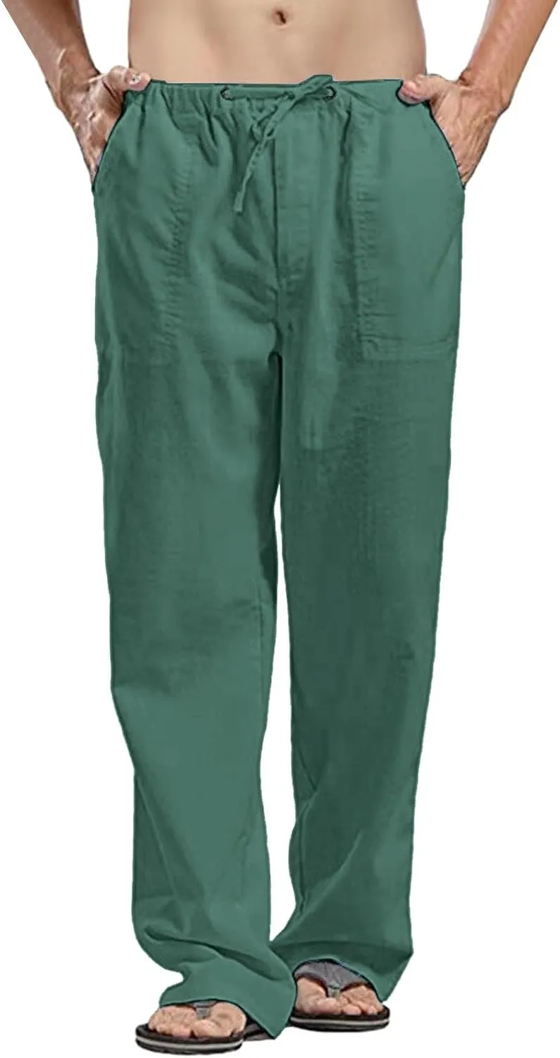 Summer Linen Pants for Men Workout Track Pant Stretch Elastic Waist Classic Fit Trousers Gym Golf Sweatpants Hawaii Britches Mens Relaxed Pleated Pants