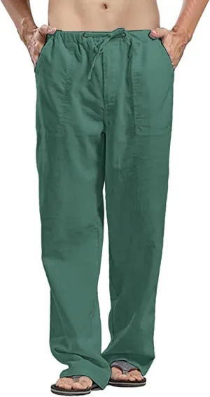 Summer Linen Pants for Men Workout Track Pant Stretch Elastic Waist Classic Fit Trousers Gym Golf Sweatpants Hawaii Britches Mens Relaxed Pleated Pants