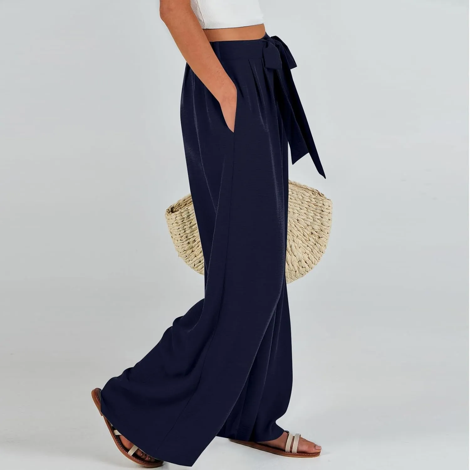 Summer Pants for Women 2025 Wide Leg Linen Pants Tie Knot High Waisted Palazzo Pants with Pockets Beach Cover Up Pant