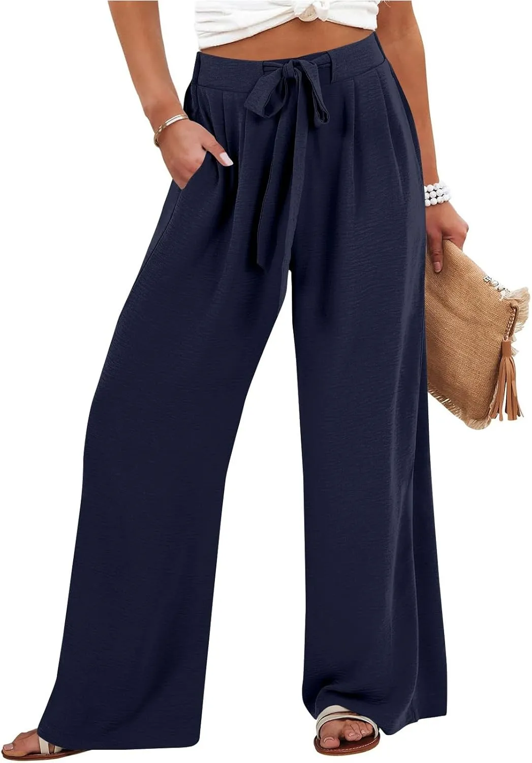 Summer Pants for Women 2025 Wide Leg Linen Pants Tie Knot High Waisted Palazzo Pants with Pockets Beach Cover Up Pant