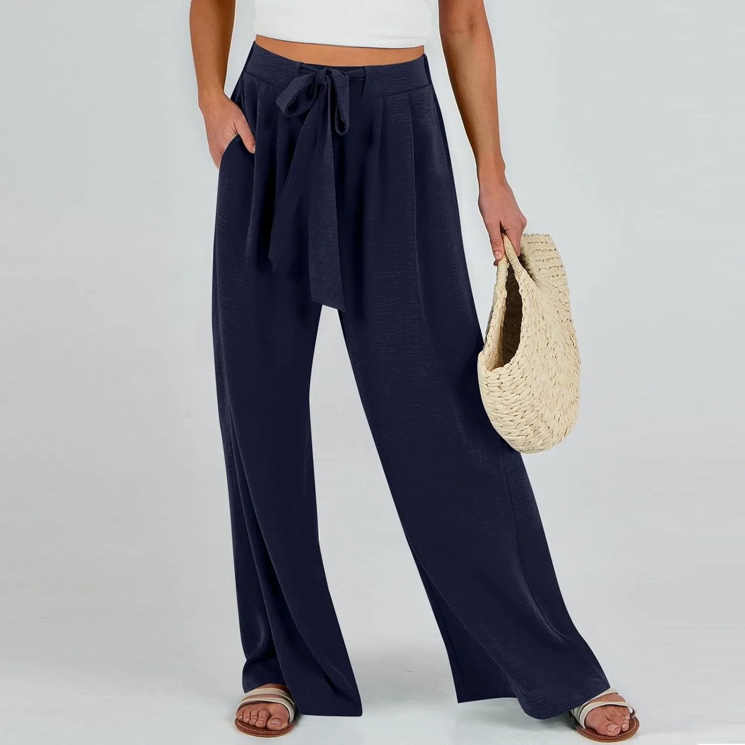 Summer Pants for Women 2025 Wide Leg Linen Pants Tie Knot High Waisted Palazzo Pants with Pockets Beach Cover Up Pant