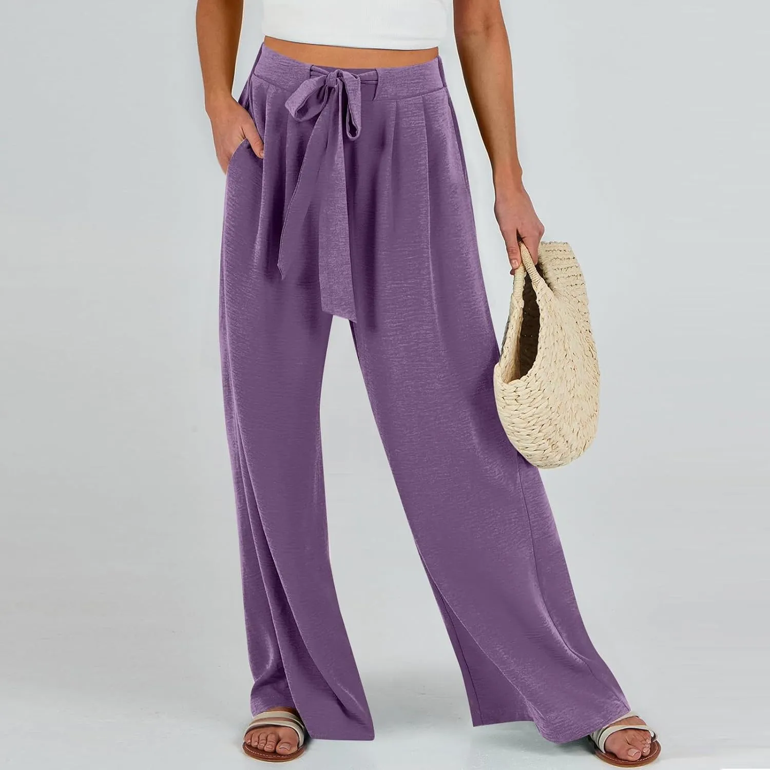 Summer Pants for Women 2025 Wide Leg Linen Pants Tie Knot High Waisted Palazzo Pants with Pockets Beach Cover Up Pant