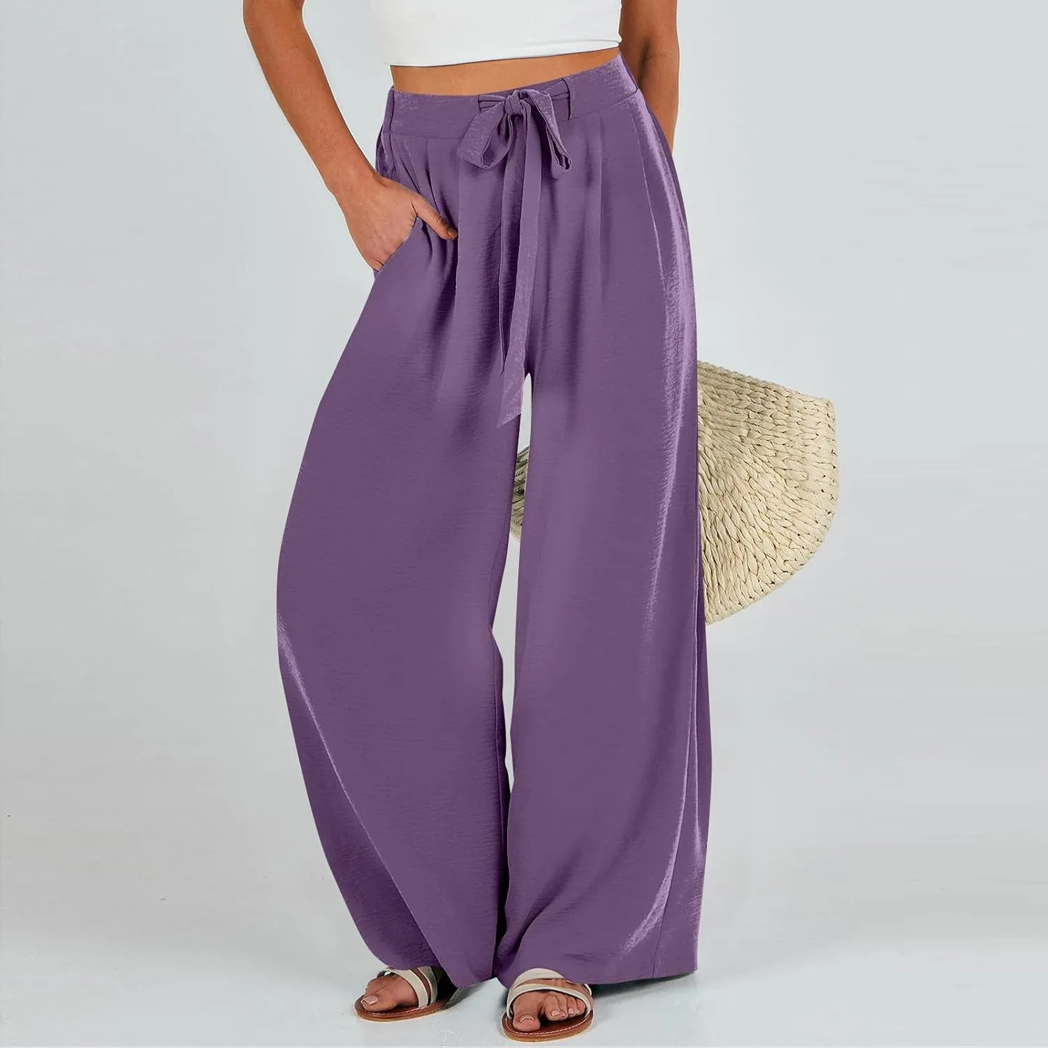 Summer Pants for Women 2025 Wide Leg Linen Pants Tie Knot High Waisted Palazzo Pants with Pockets Beach Cover Up Pant