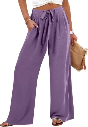 Summer Pants for Women 2025 Wide Leg Linen Pants Tie Knot High Waisted Palazzo Pants with Pockets Beach Cover Up Pant