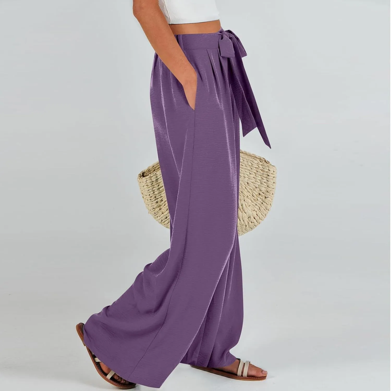 Summer Pants for Women 2025 Wide Leg Linen Pants Tie Knot High Waisted Palazzo Pants with Pockets Beach Cover Up Pant