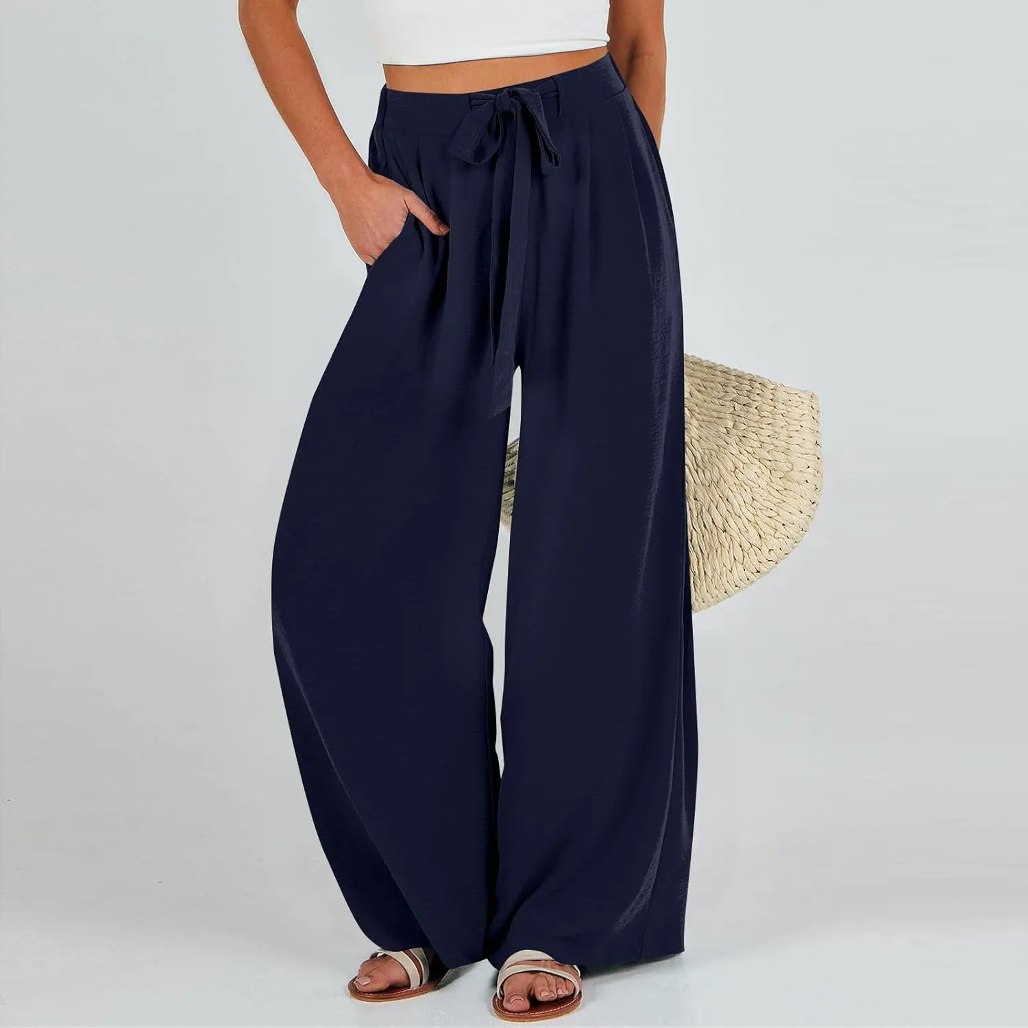 Summer Pants for Women 2025 Wide Leg Linen Pants Tie Knot High Waisted Palazzo Pants with Pockets Beach Cover Up Pant