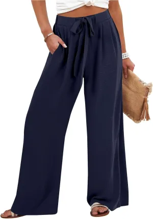 Summer Pants for Women 2025 Wide Leg Linen Pants Tie Knot High Waisted Palazzo Pants with Pockets Beach Cover Up Pant