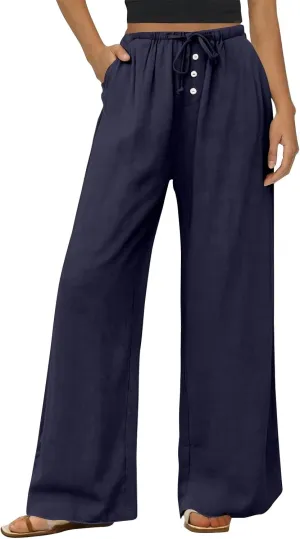 Summer Womens Work Pants Linen Drawstring Vacation Baggy Pants Wide Leg Palazzo High Waisted Pocket Solid Trouser 2025