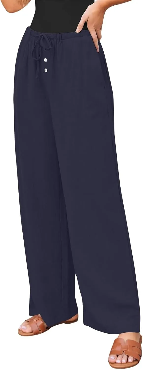 Summer Womens Work Pants Linen Drawstring Vacation Baggy Pants Wide Leg Palazzo High Waisted Pocket Solid Trouser 2025
