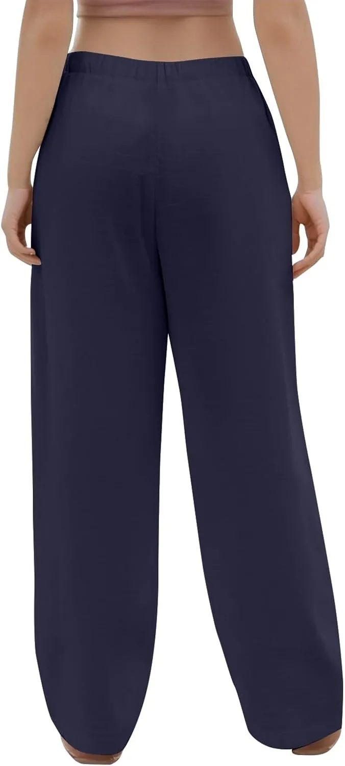 Summer Womens Work Pants Linen Drawstring Vacation Baggy Pants Wide Leg Palazzo High Waisted Pocket Solid Trouser 2025