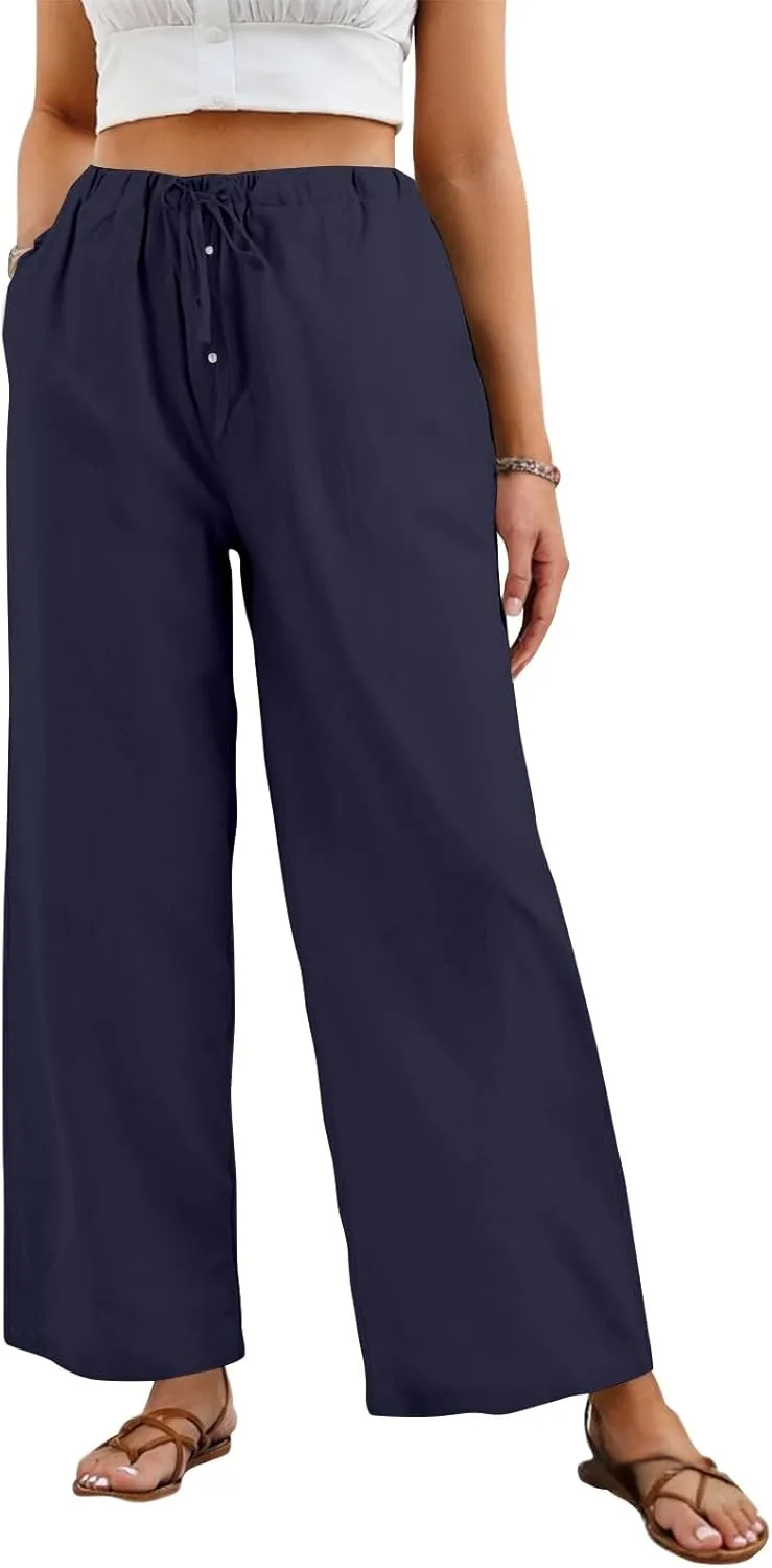 Summer Womens Work Pants Linen Drawstring Vacation Baggy Pants Wide Leg Palazzo High Waisted Pocket Solid Trouser 2025