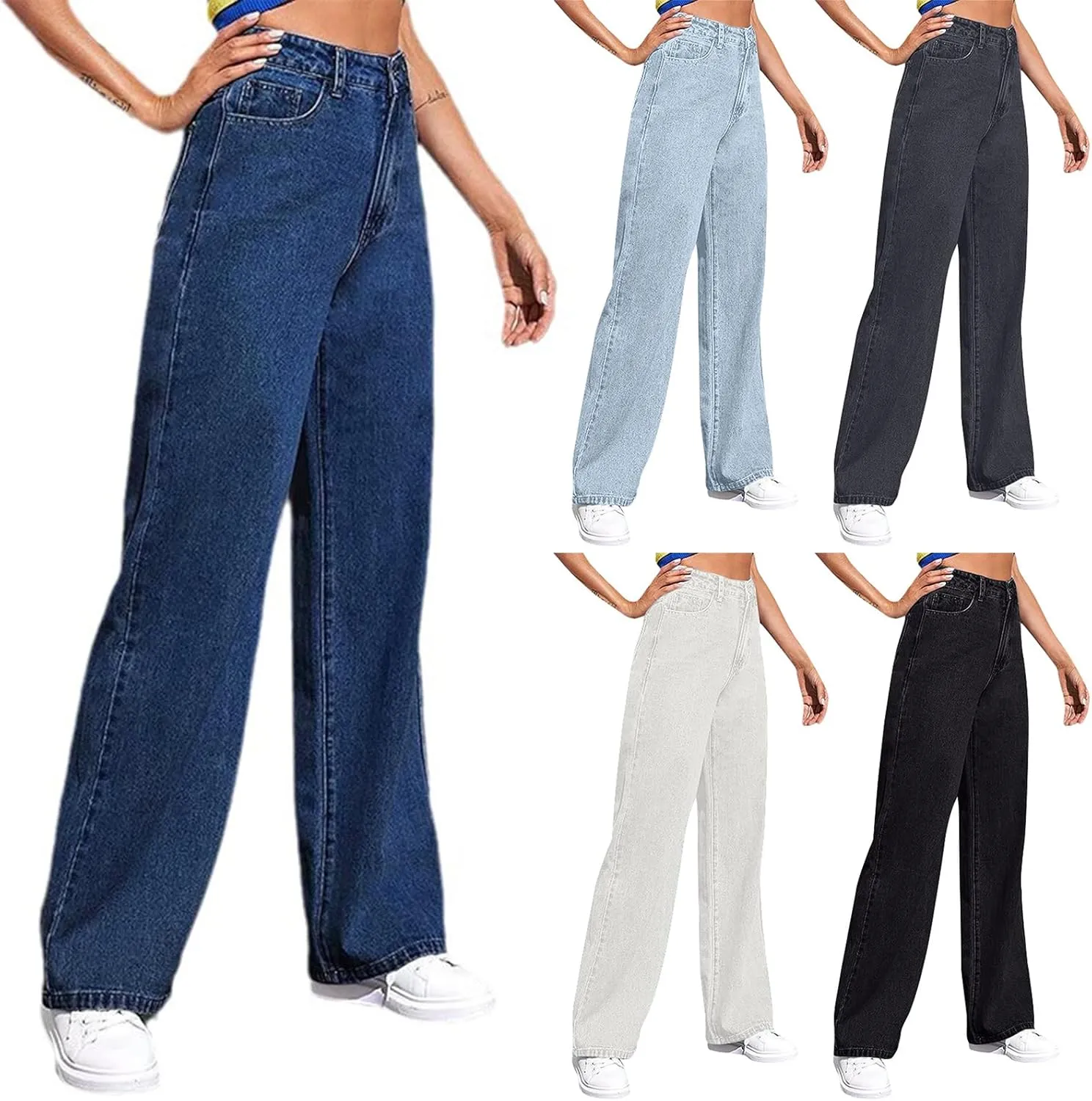 Sweatpants That Look Like Jeans for Women Wide Leg Sweatpants High Waist Baggy Straight Leg Boyfriend Jeans w/Pockets