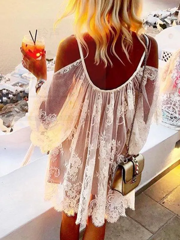 TastyHottie - V-neck Hollow Long Sleeves Cover-up Mini Dresses