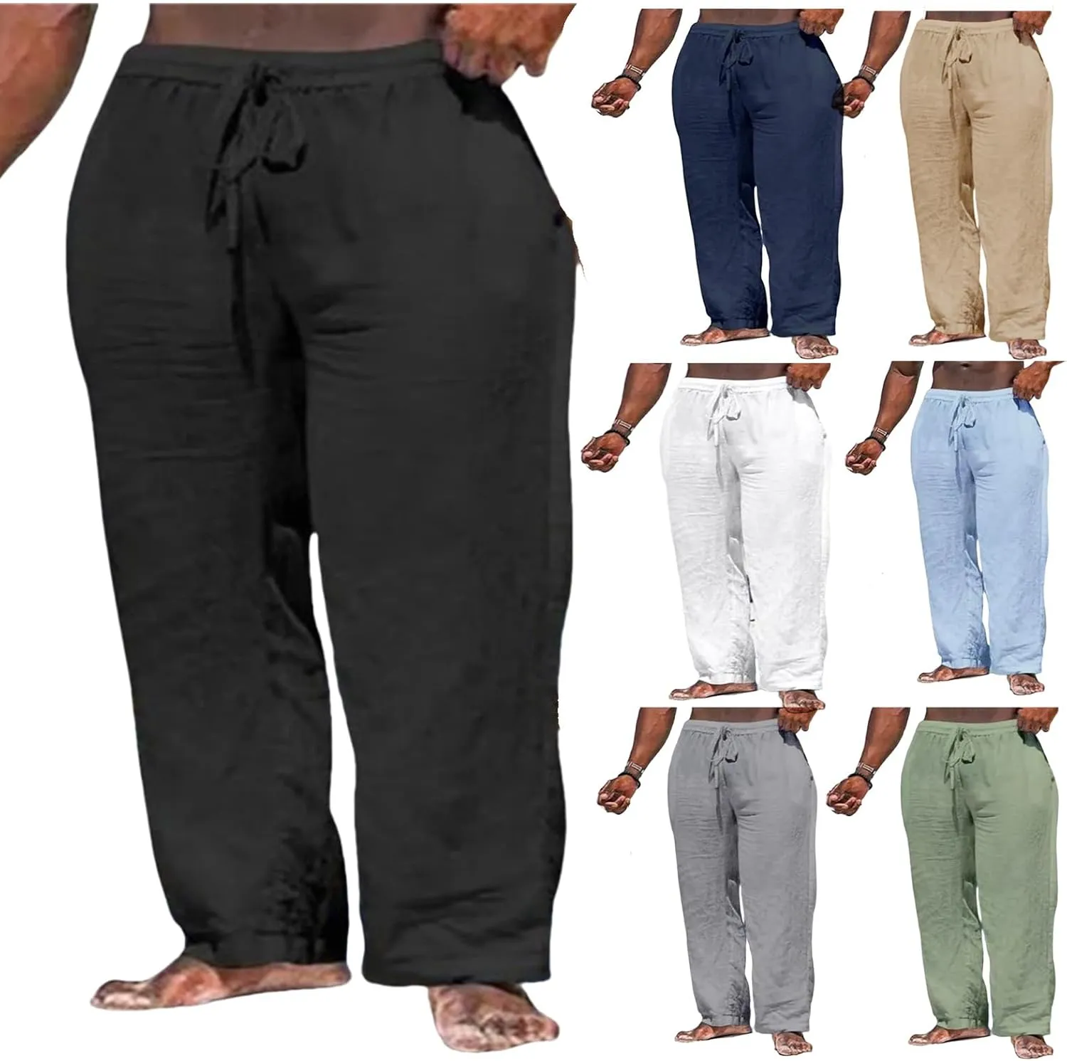 Thatrich Casual Beach Pants for Men Lightweight Breathable Linen Yoga Trousers Relaxed Fit Comfy Hawaiian Vacation Pant Slack