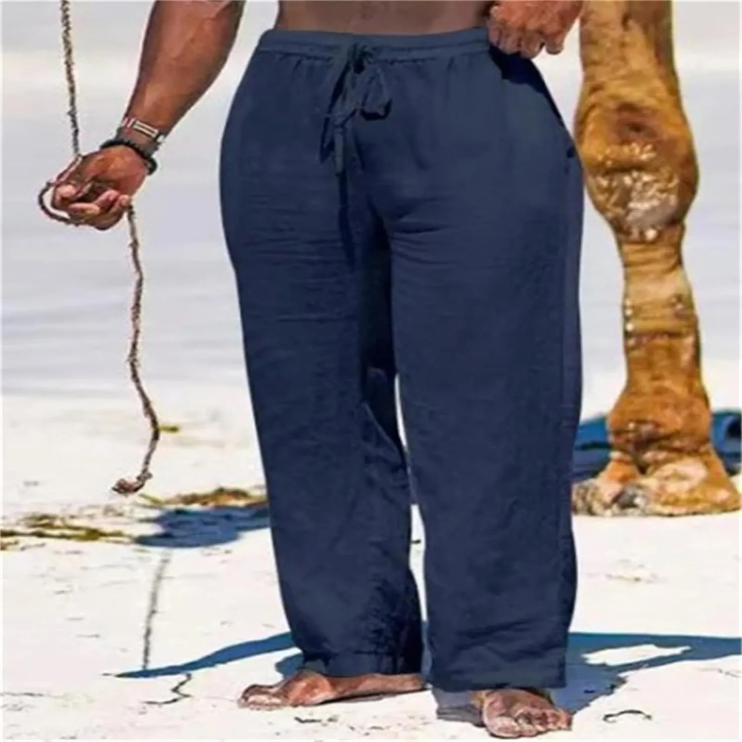 Thatrich Casual Beach Pants for Men Lightweight Breathable Linen Yoga Trousers Relaxed Fit Comfy Hawaiian Vacation Pant Slack
