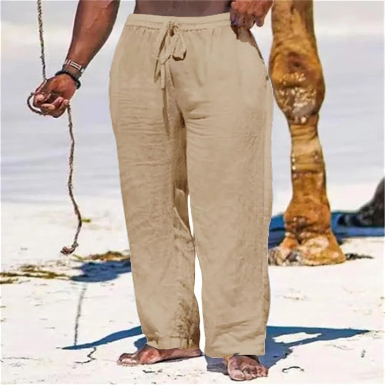 Thatrich Casual Beach Pants for Men Lightweight Breathable Linen Yoga Trousers Relaxed Fit Comfy Hawaiian Vacation Pant Slack