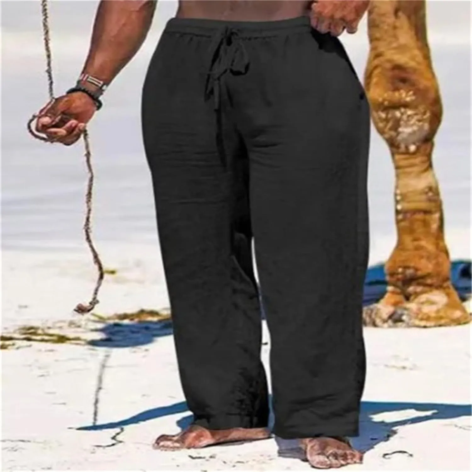 Thatrich Casual Beach Pants for Men Lightweight Breathable Linen Yoga Trousers Relaxed Fit Comfy Hawaiian Vacation Pant Slack