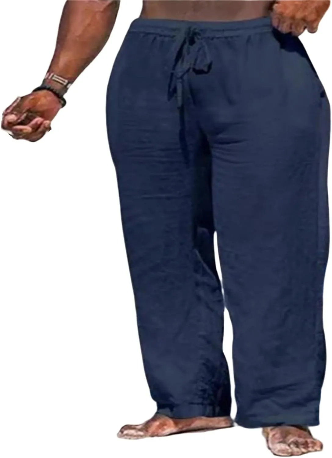 Thatrich Casual Beach Pants for Men Lightweight Breathable Linen Yoga Trousers Relaxed Fit Comfy Hawaiian Vacation Pant Slack