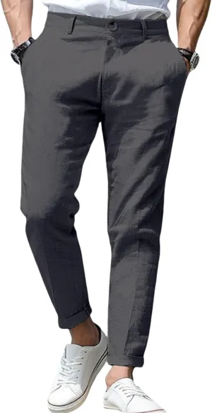 Thatrich Mens Suit Pants Slim Fit Straight Leg Business Casual Pant Cotton Linen Breathable Trousers Comfy Work Formal Wear