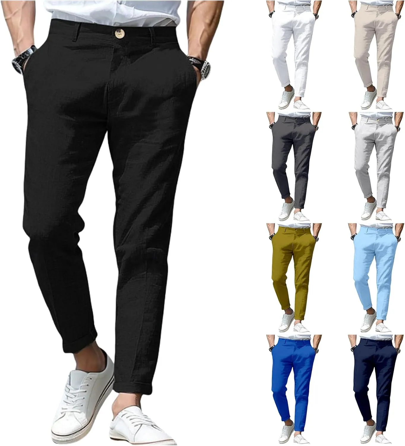 Thatrich Mens Suit Pants Slim Fit Straight Leg Business Casual Pant Cotton Linen Breathable Trousers Comfy Work Formal Wear