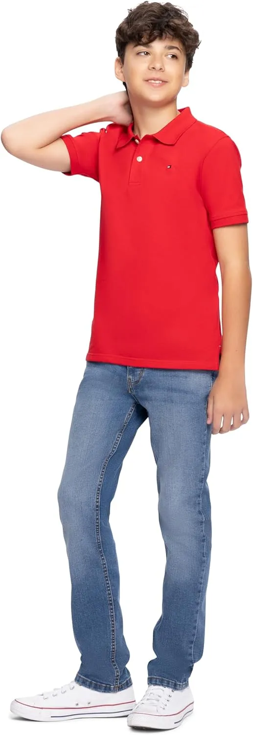 Tommy Hilfiger Boys' Short Sleeve Premium Pique Polo Shirt, Button Closure, Soft & Comfortable