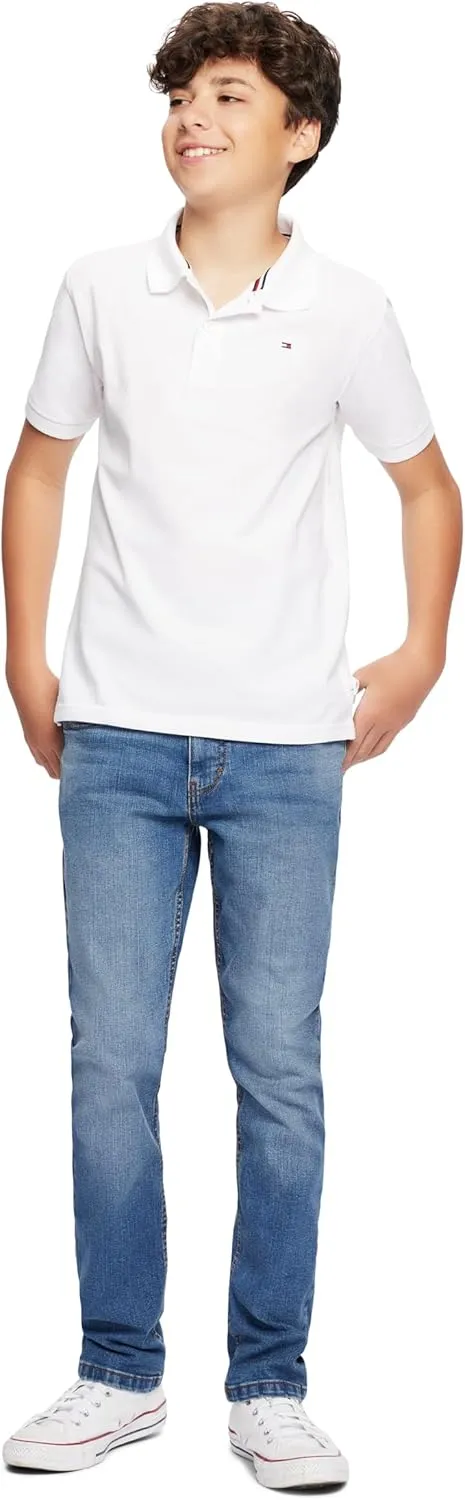 Tommy Hilfiger Boys' Short Sleeve Premium Pique Polo Shirt, Button Closure, Soft & Comfortable