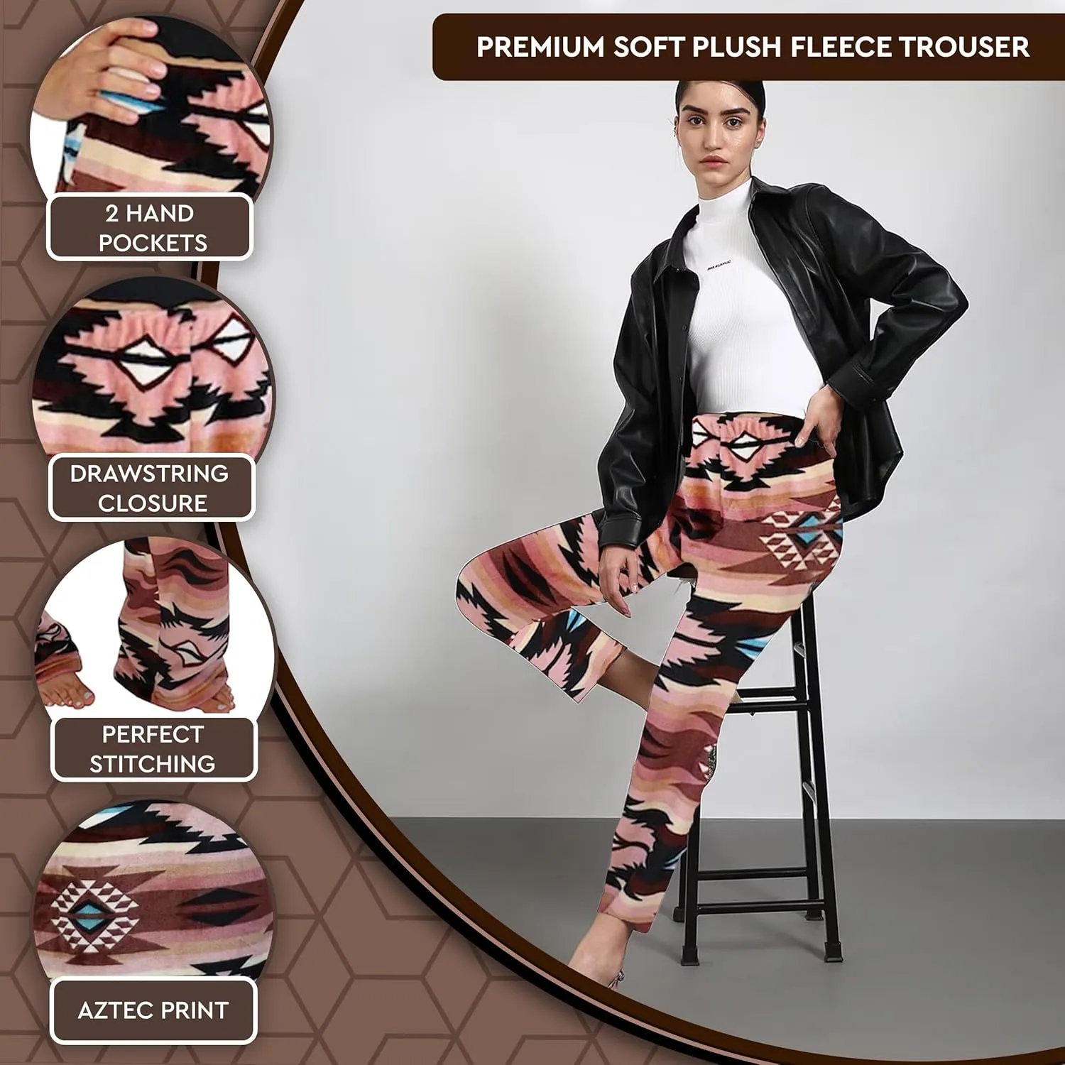 TrailCrest Ultra Soft Womens Lounge Pants, Plush Fleece with Velvety Silk Feel, Aztec/Ikat Fun and Trendy Prints