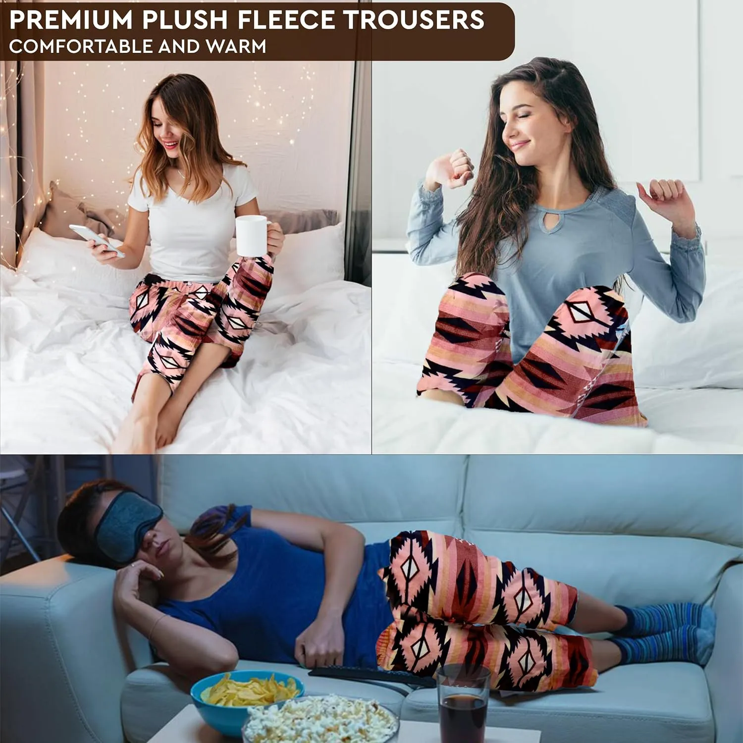 TrailCrest Ultra Soft Womens Lounge Pants, Plush Fleece with Velvety Silk Feel, Aztec/Ikat Fun and Trendy Prints