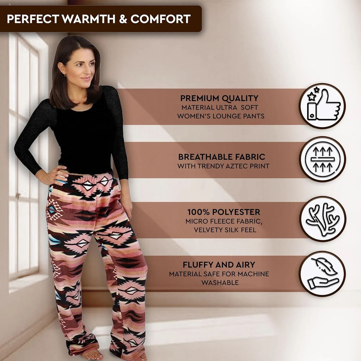 TrailCrest Ultra Soft Womens Lounge Pants, Plush Fleece with Velvety Silk Feel, Aztec/Ikat Fun and Trendy Prints