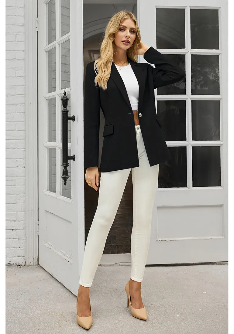 True Black Women's Office Casual Long Sleeve Pocket Blazer Jacket