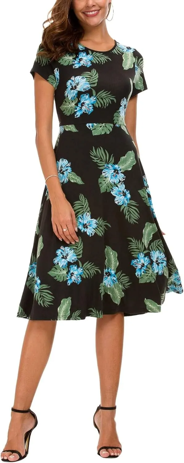 Urban CoCo Women's Floral Print Short Sleeve Flared Midi Dress