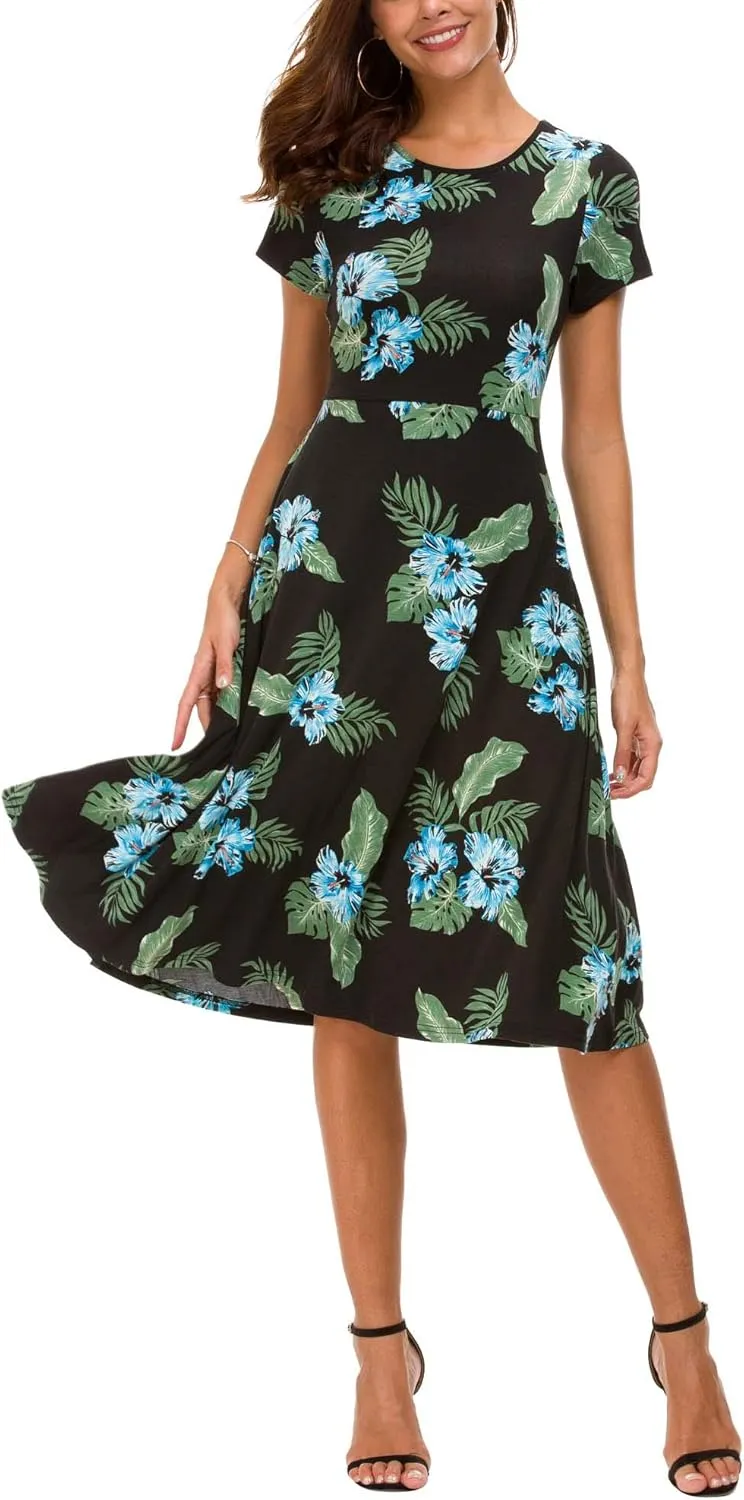 Urban CoCo Women's Floral Print Short Sleeve Flared Midi Dress