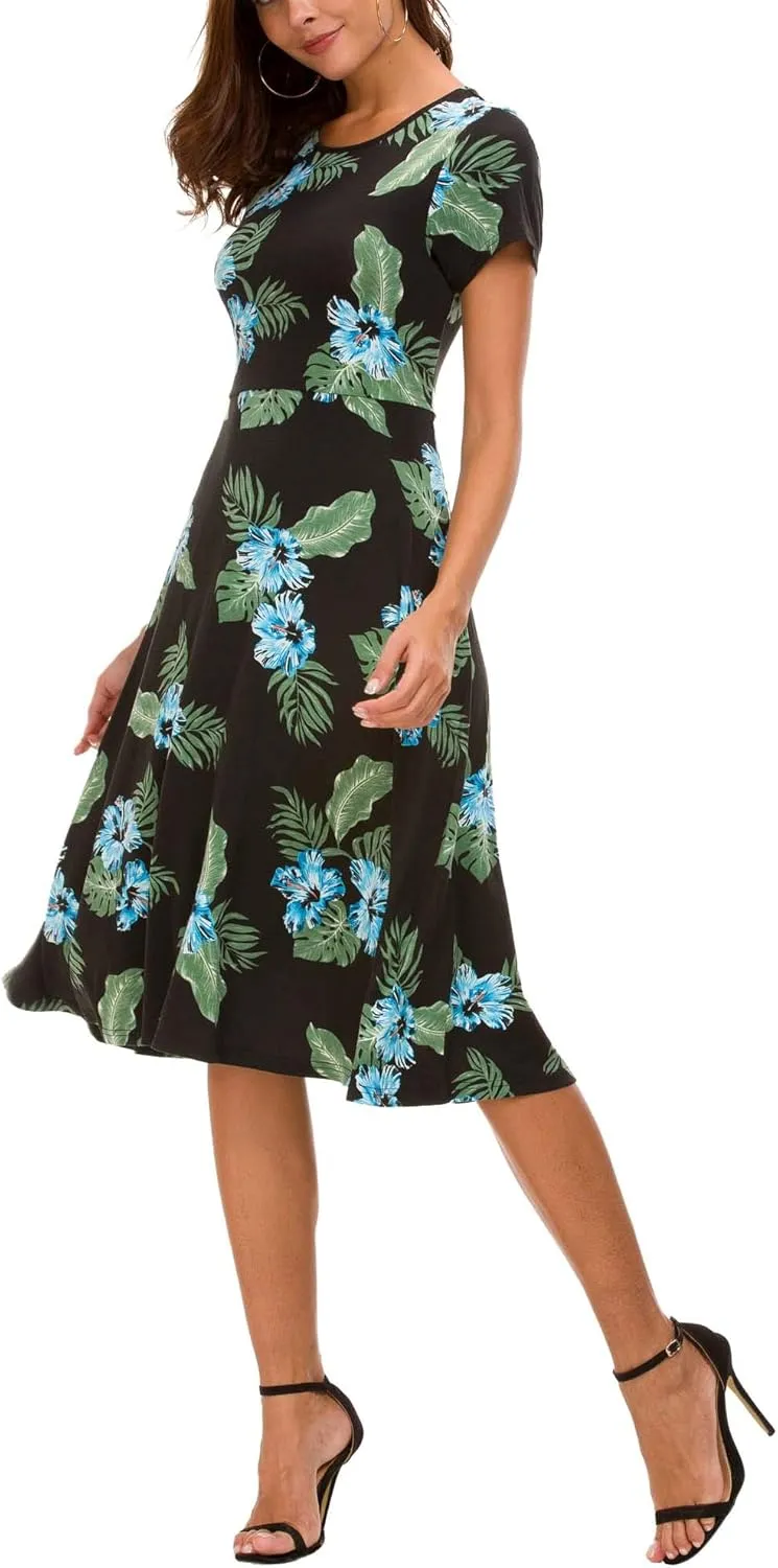 Urban CoCo Women's Floral Print Short Sleeve Flared Midi Dress