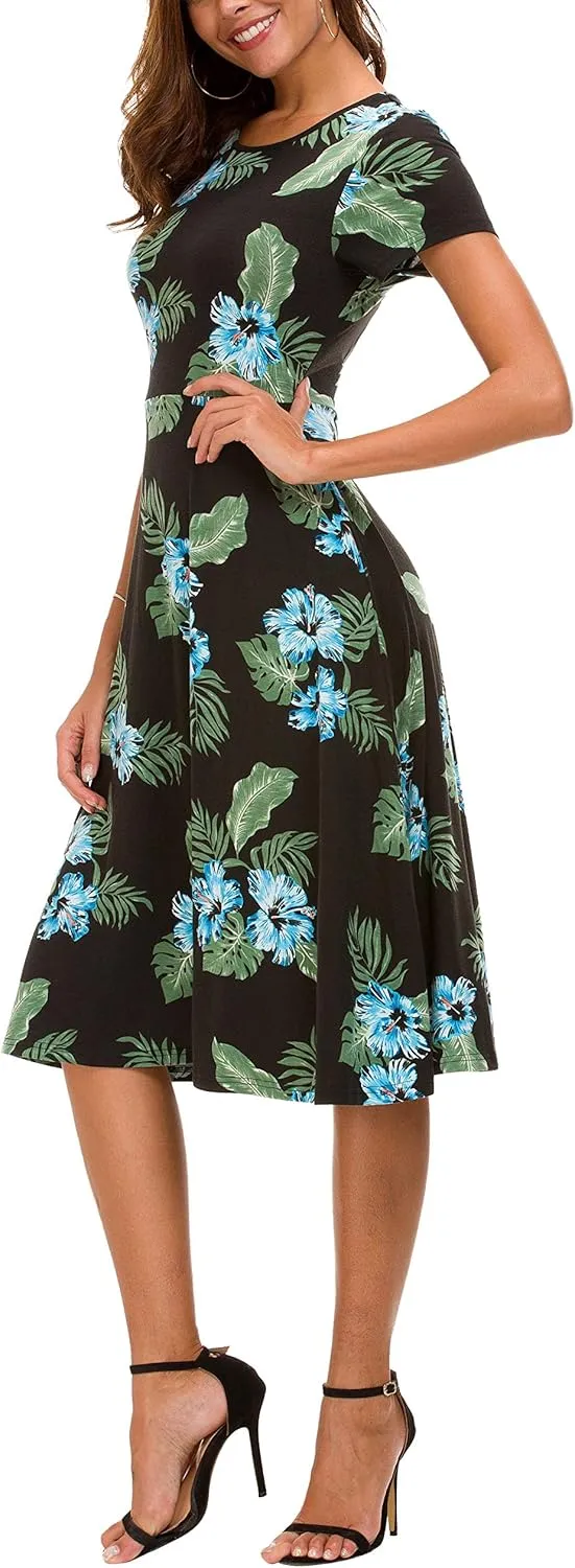 Urban CoCo Women's Floral Print Short Sleeve Flared Midi Dress