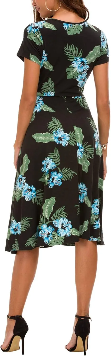Urban CoCo Women's Floral Print Short Sleeve Flared Midi Dress